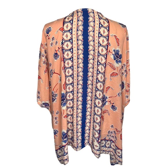 Angie Kimono Womens M Boho Floral Print Open Cardigan Lace Trim Dolman Peach - Picture 9 of 10